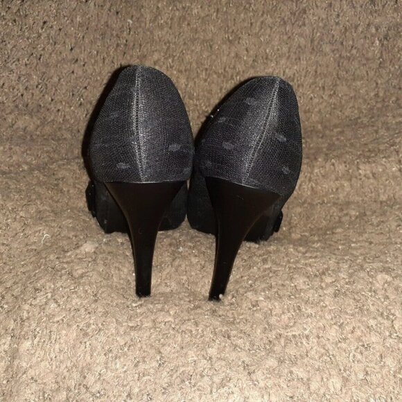 T.U.K. Harlot Heel-Purple Skull Cameo-Black Dot Mesh-Size 8-Near Mint - Picture 6 of 8